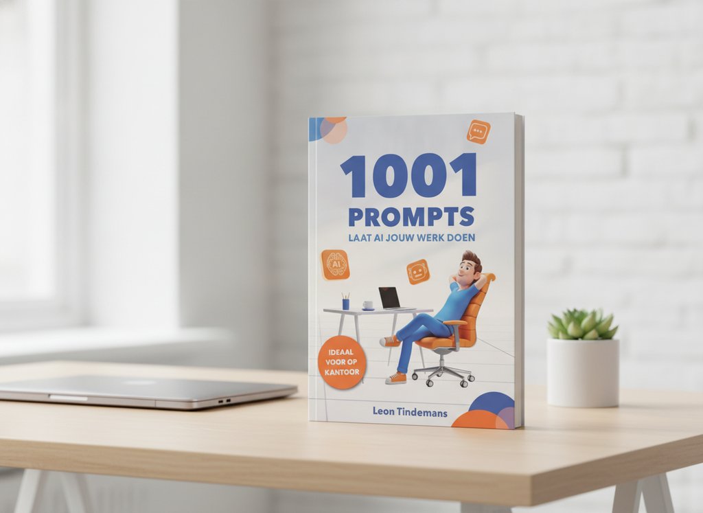 1001 Prompts: Laat AI jouw werk doen van Leon Tindemans als 3D-boek op een bureau