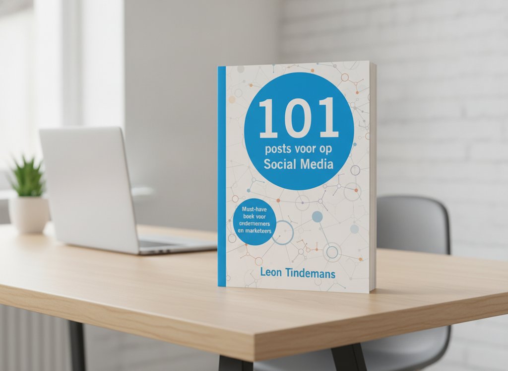 101 Post ideeën voor op social media van Leon Tindemans als 3D-boek op een bureau