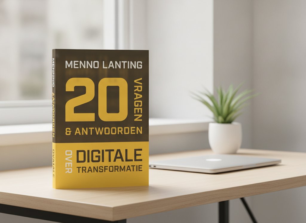 20 vragen & antwoorden over digitale transformatie van Menno Lanting als 3D-boek op een bureau