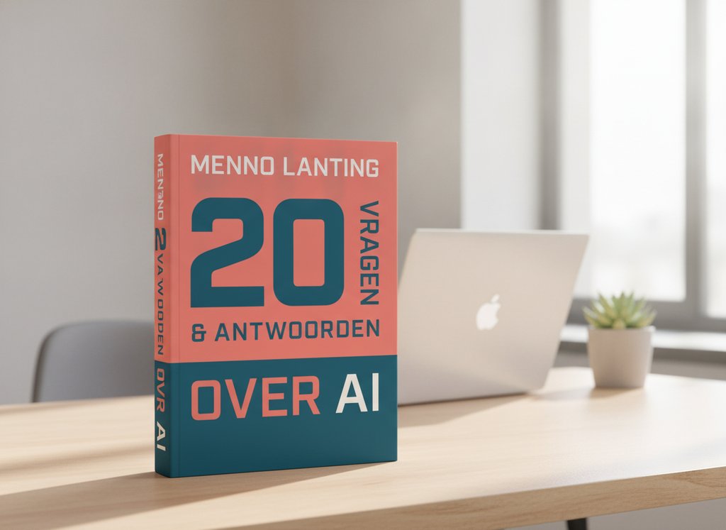 20 vragen en antwoorden over AI van Menno Lanting als 3D-boek op een bureau