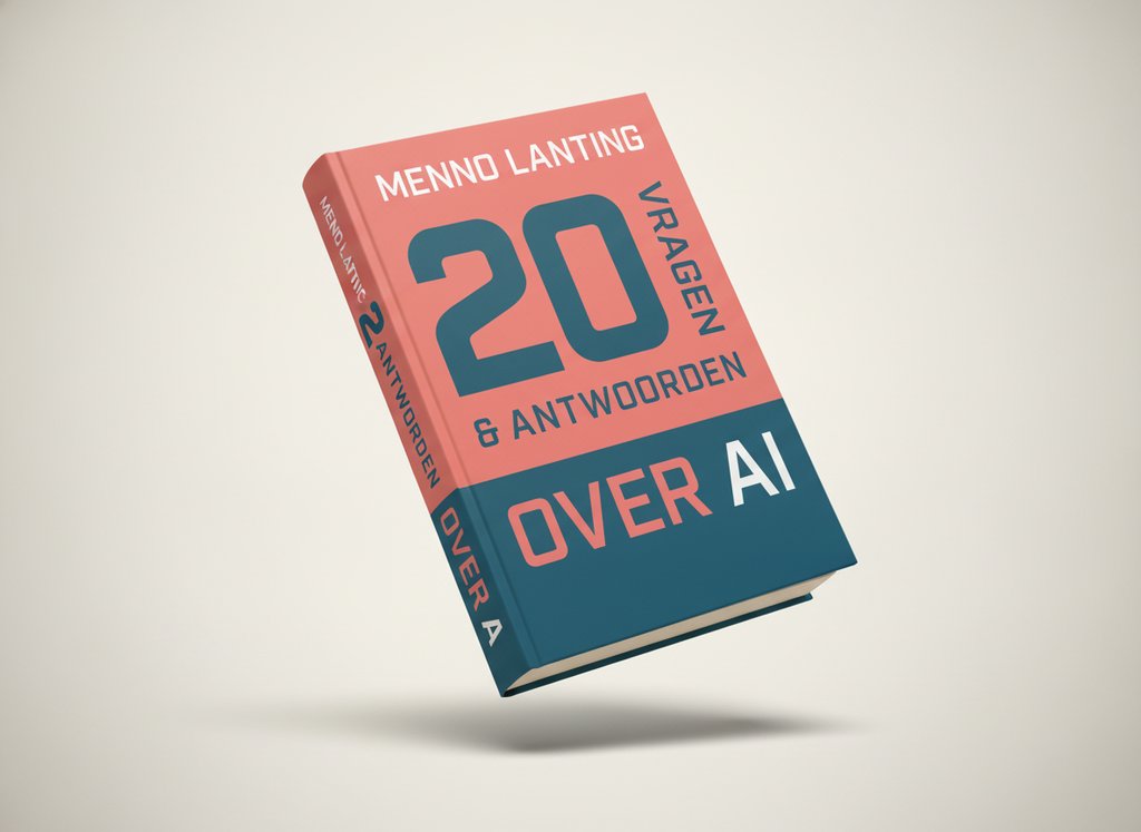 3D-render van het boek 20 vragen en antwoorden over AI (Menno Lanting)