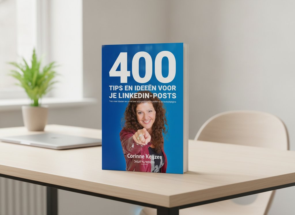 400 tips en ideeën voor je LinkedIn-posts van Corinne Keijzer als 3D-boek op een bureau