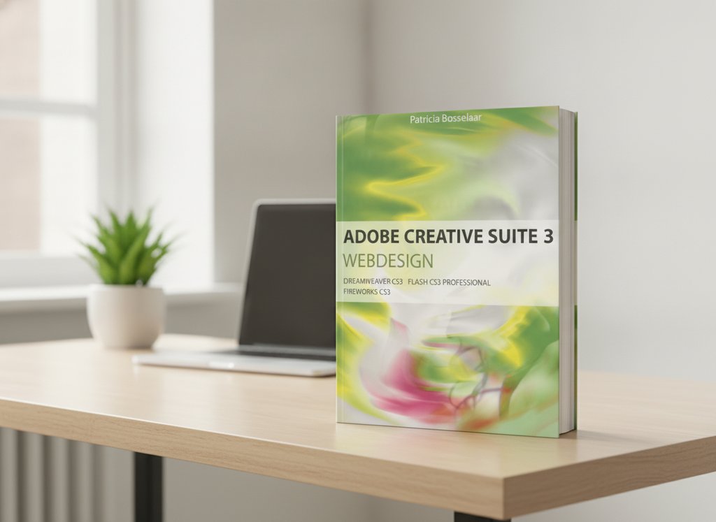 Adobe Creative Suite 3 Webdesign van Patricia Bosselaar als 3D-boek op een bureau