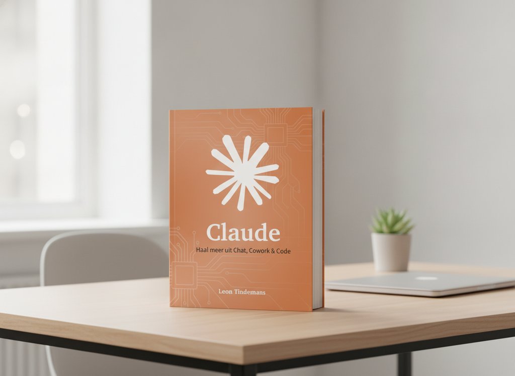 Claude AI - Haal meer uit Chat, Cowork & Code van Leon Tindemans als 3D-boek op een bureau