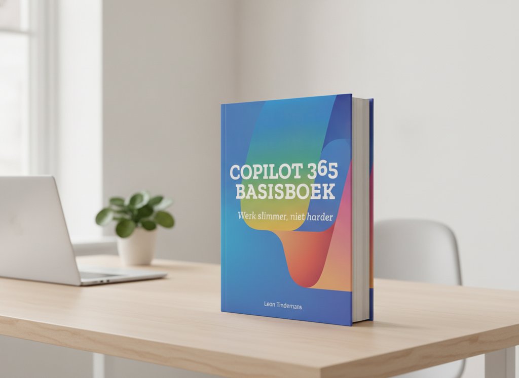 Copilot 365 Basisboek van Leon Tindemans als 3D-boek op een bureau