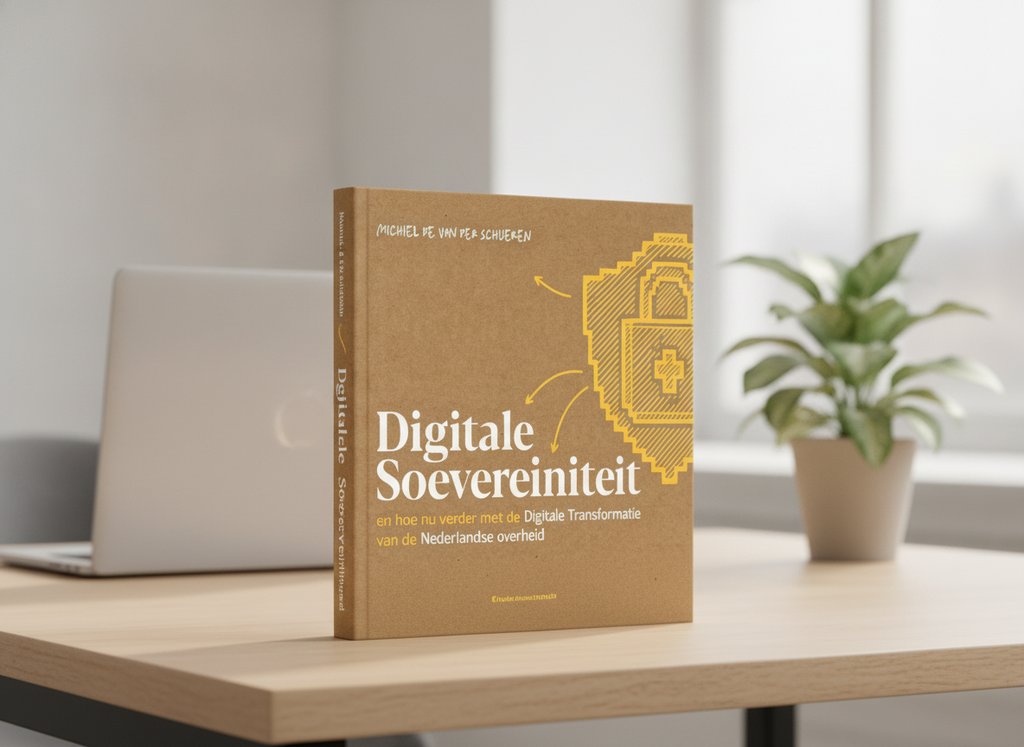 Digitale Soevereiniteit en hoe nu verder met de Digitale Transformatie van de Nederlandse overheid van Michiel de van der Schueren als 3D-boek op een bureau