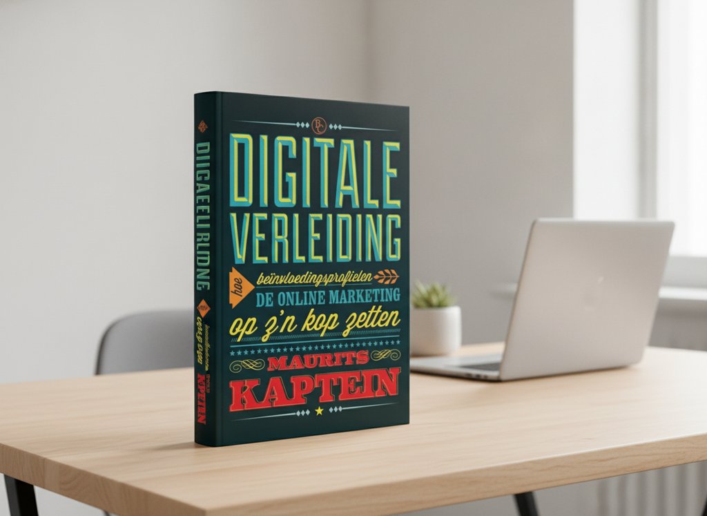 Digitale verleiding van Maurits Kaptein als 3D-boek op een bureau