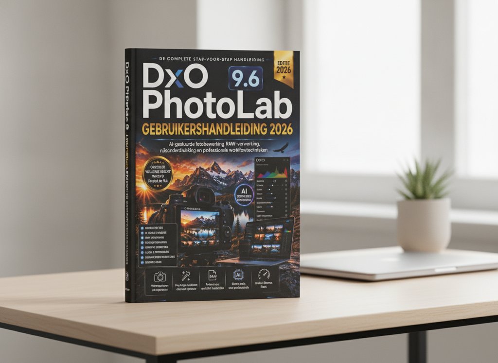 DxO PhotoLab 9.6 GEBRUIKERSHANDLEIDING 2026 van Jayson Bruc als 3D-boek op een bureau