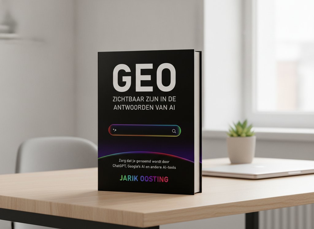 GEO - Zichtbaar zijn in de antwoorden van AI van Jarik Oosting als 3D-boek op een bureau