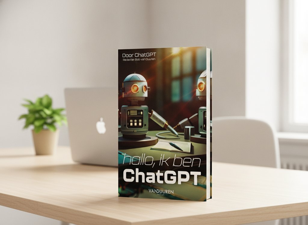 Hallo, ik ben ChatGPT van Bob van Duuren als 3D-boek op een bureau