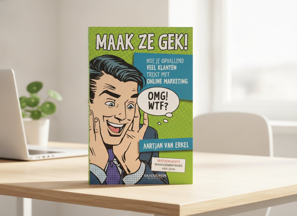 Maak ze gek! van Aartjan van Erkel als 3D-boek op een bureau