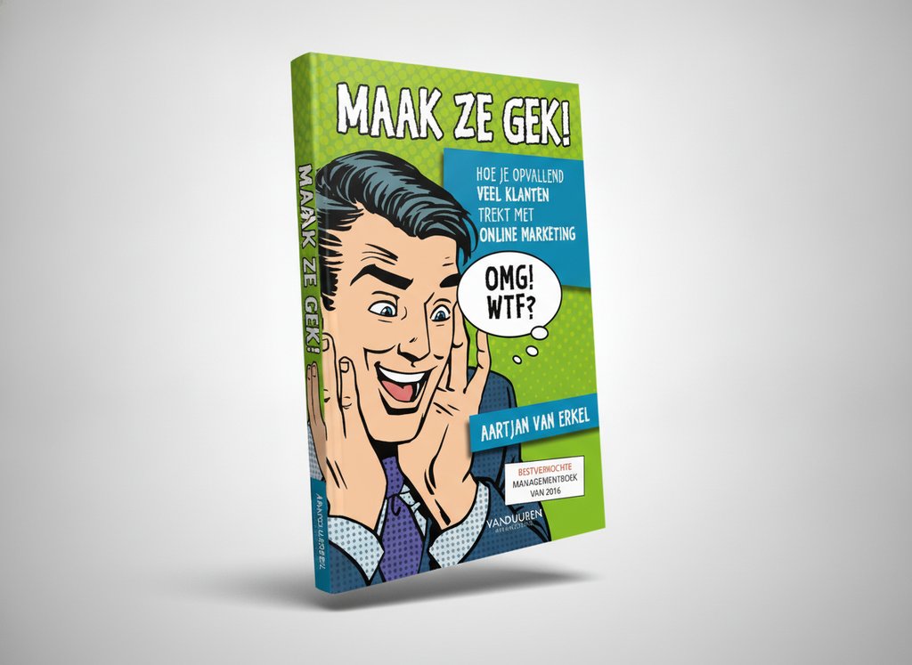 3D-render van het boek Maak ze gek! (Aartjan van Erkel)