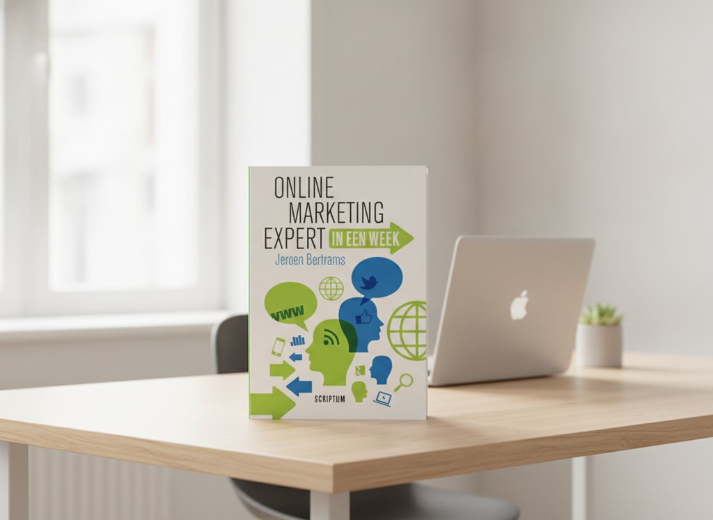 Online marketing expert van Jeroen Bertrams als 3D-boek op een bureau
