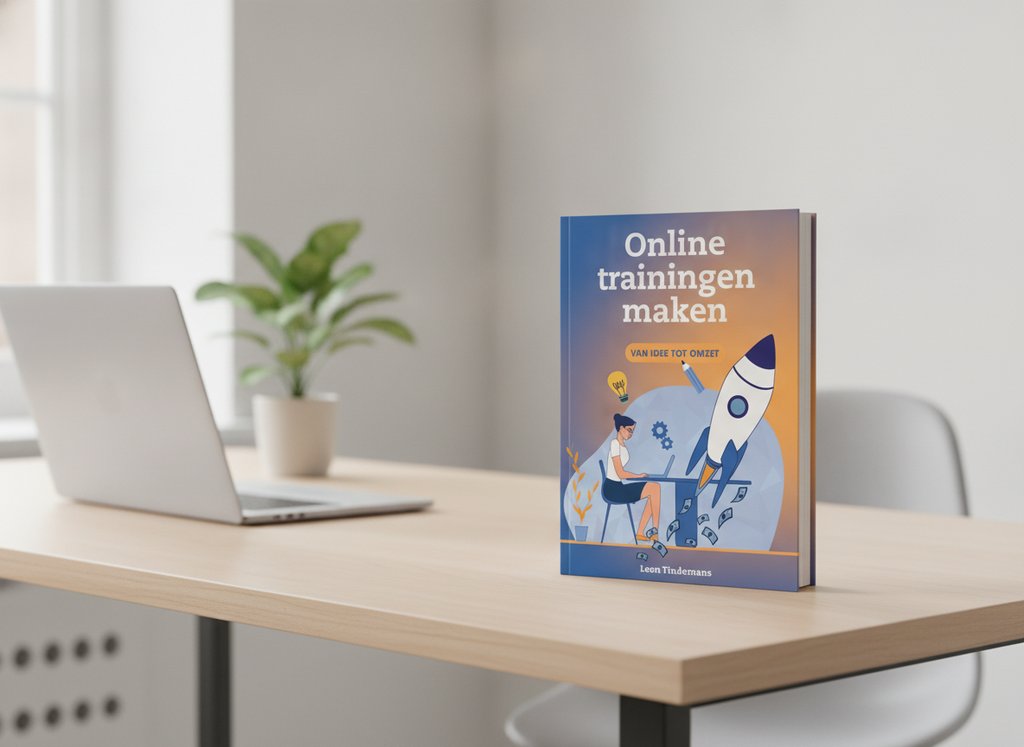 Online trainingen maken van Leon Tindemans als 3D-boek op een bureau